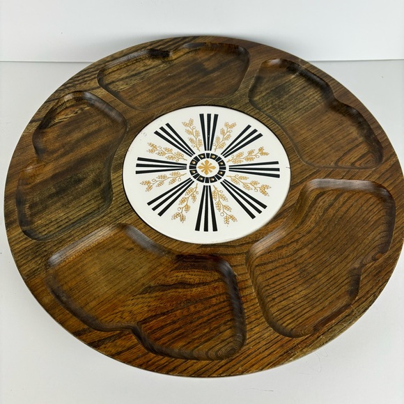 Vintage Other - Lazy Susan Walnut Wood Gold Wheat Tile 14” Tabletop Turntable MCM Serving Tray